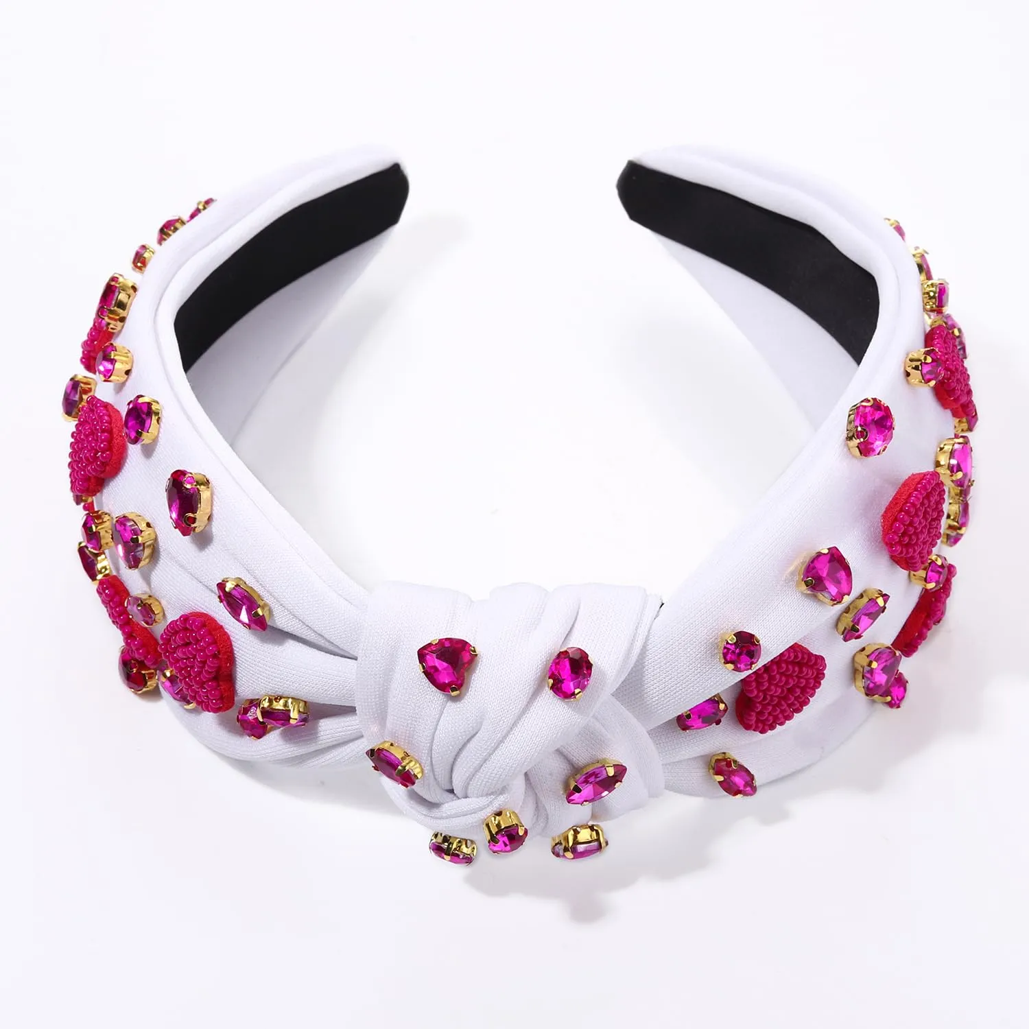Boderier Valentines Day Headband - Red Pink Heart Jeweled Crystal Knotted Hair Accessory for Lover Party (White-Hot Pink Heart)