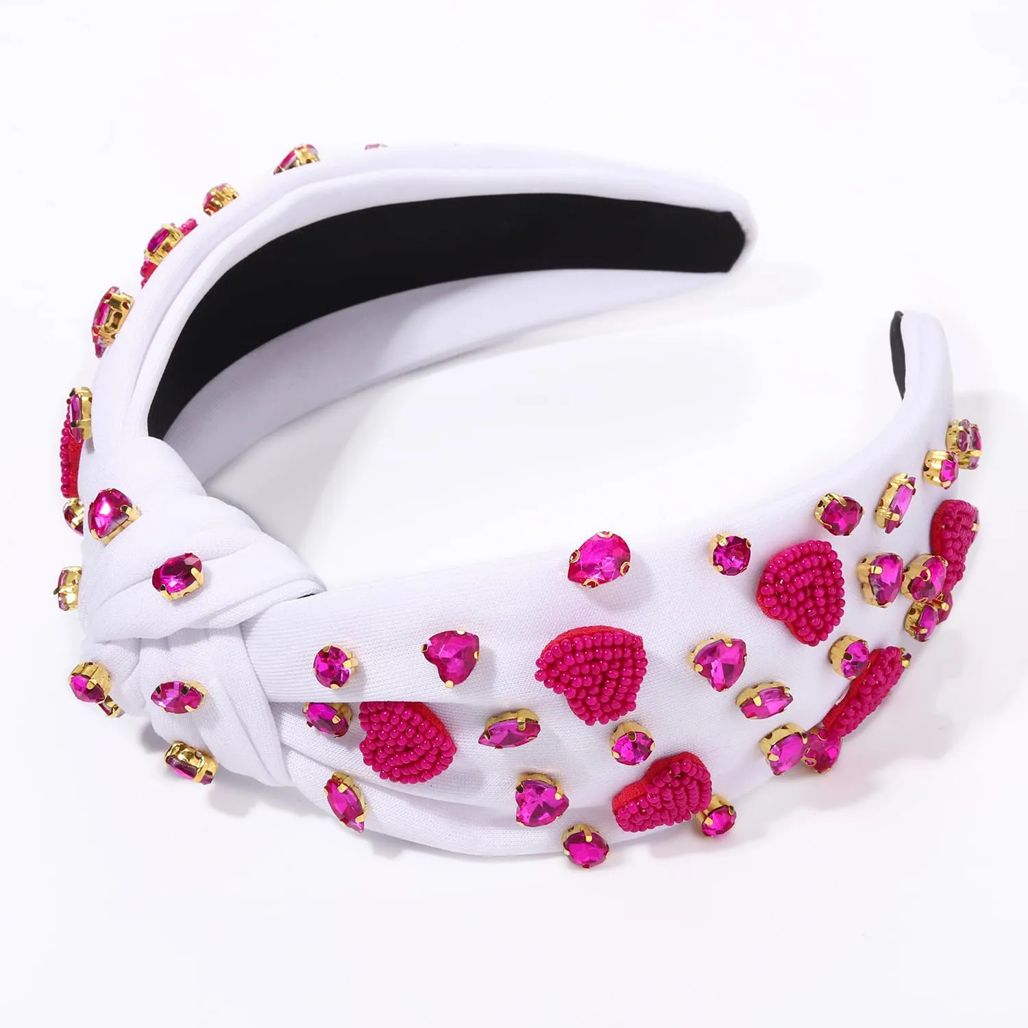 Boderier Valentines Day Headband - Red Pink Heart Jeweled Crystal Knotted Hair Accessory for Lover Party (White-Hot Pink Heart)