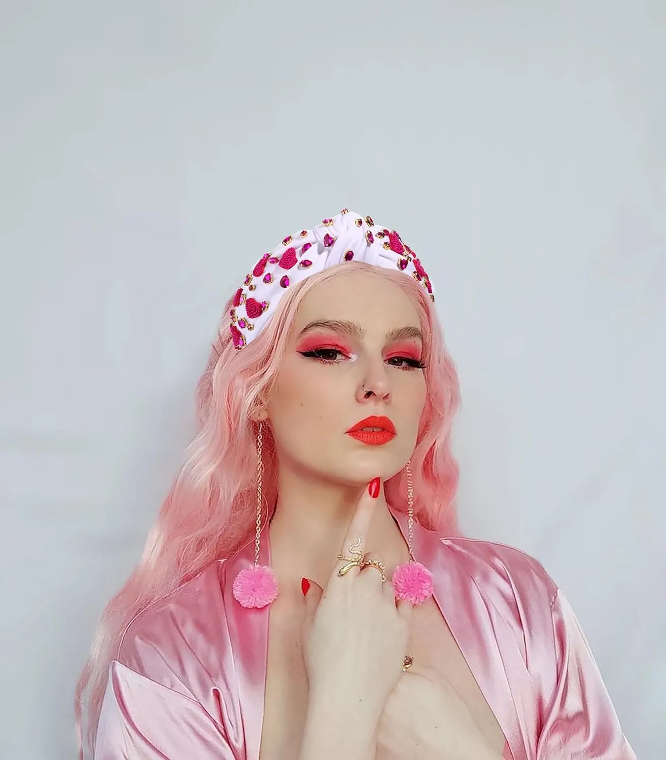 Boderier Valentines Day Headband - Red Pink Heart Jeweled Crystal Knotted Hair Accessory for Lover Party (White-Hot Pink Heart)