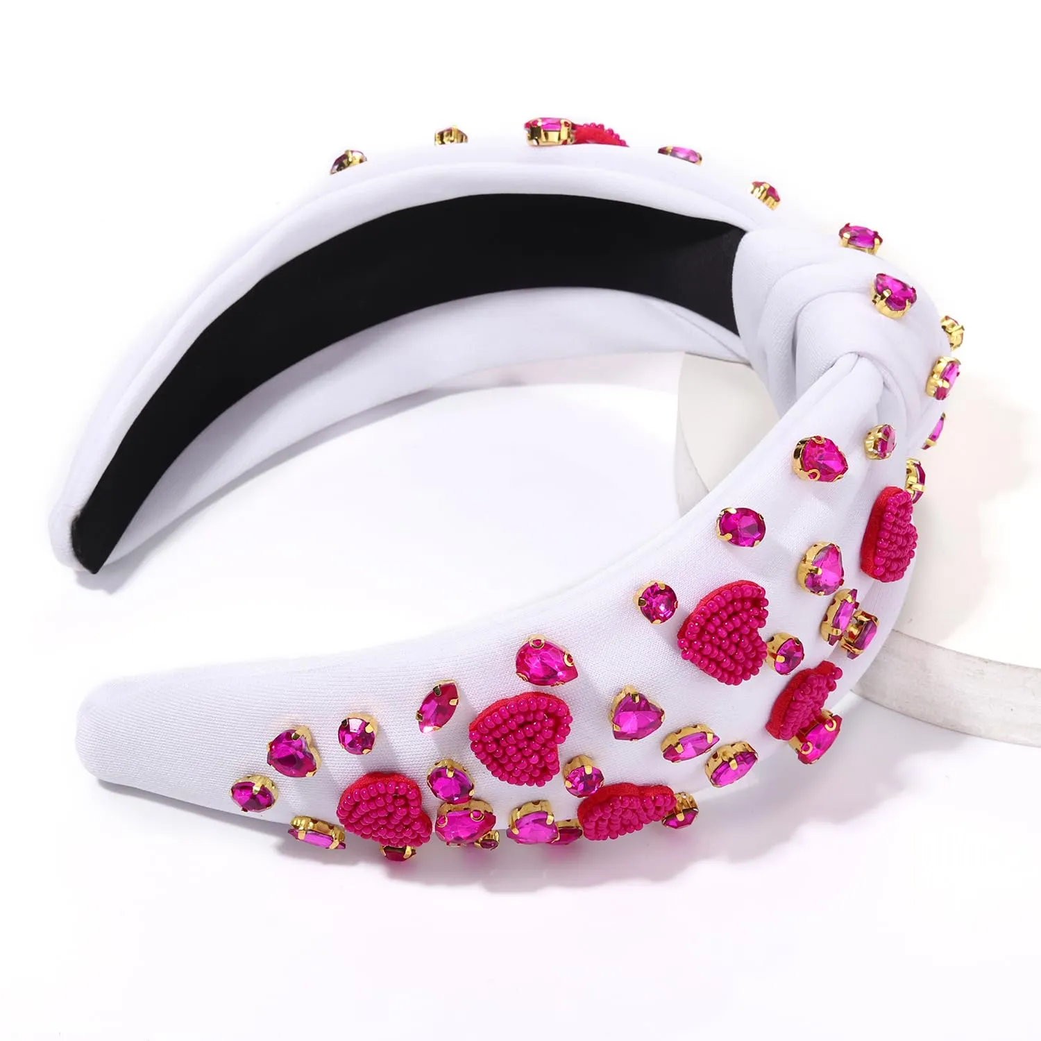 Boderier Valentines Day Headband - Red Pink Heart Jeweled Crystal Knotted Hair Accessory for Lover Party (White-Hot Pink Heart)