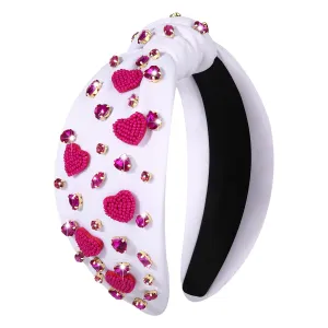 Boderier Valentines Day Headband - Red Pink Heart Jeweled Crystal Knotted Hair Accessory for Lover Party (White-Hot Pink Heart)