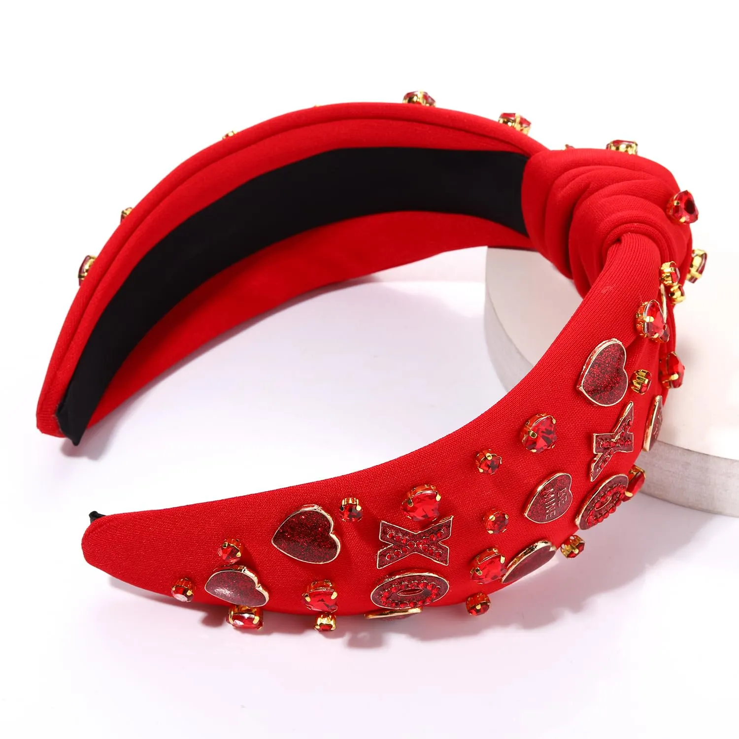 Boderier Valentines Day Red XOXO Heart Jeweled Crystal Knotted Headband for Lover Party Hair Accessory (Red-XOXO Heart)