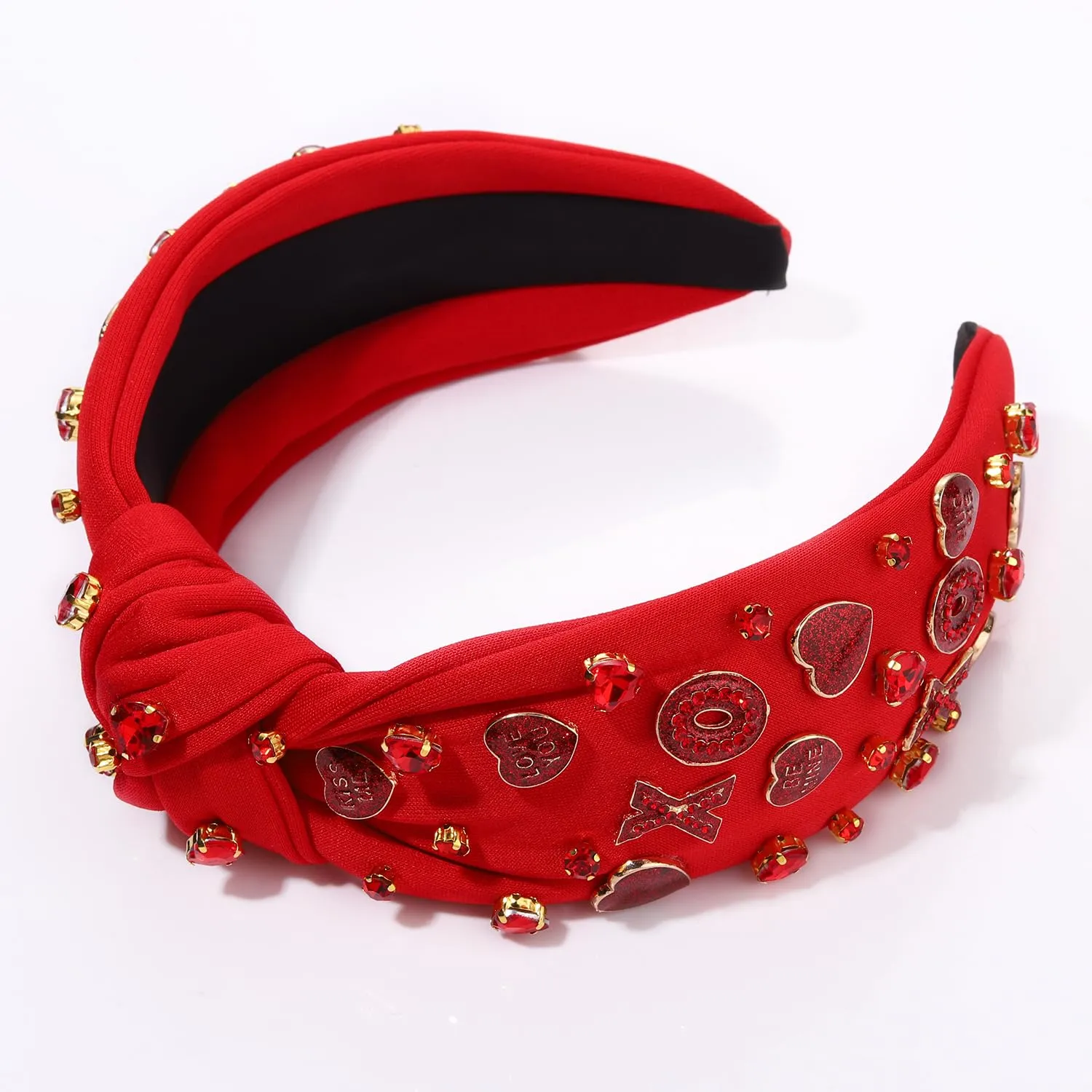 Boderier Valentines Day Red XOXO Heart Jeweled Crystal Knotted Headband for Lover Party Hair Accessory (Red-XOXO Heart)