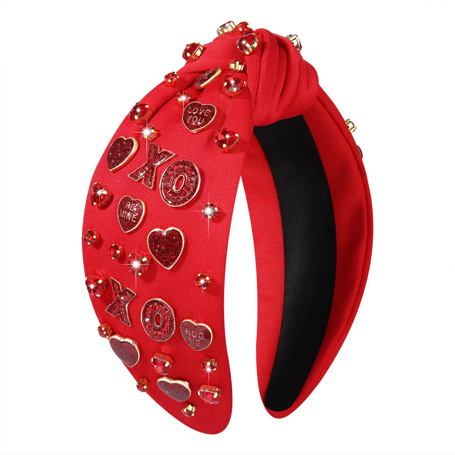 Boderier Valentines Day Red XOXO Heart Jeweled Crystal Knotted Headband for Lover Party Hair Accessory (Red-XOXO Heart)