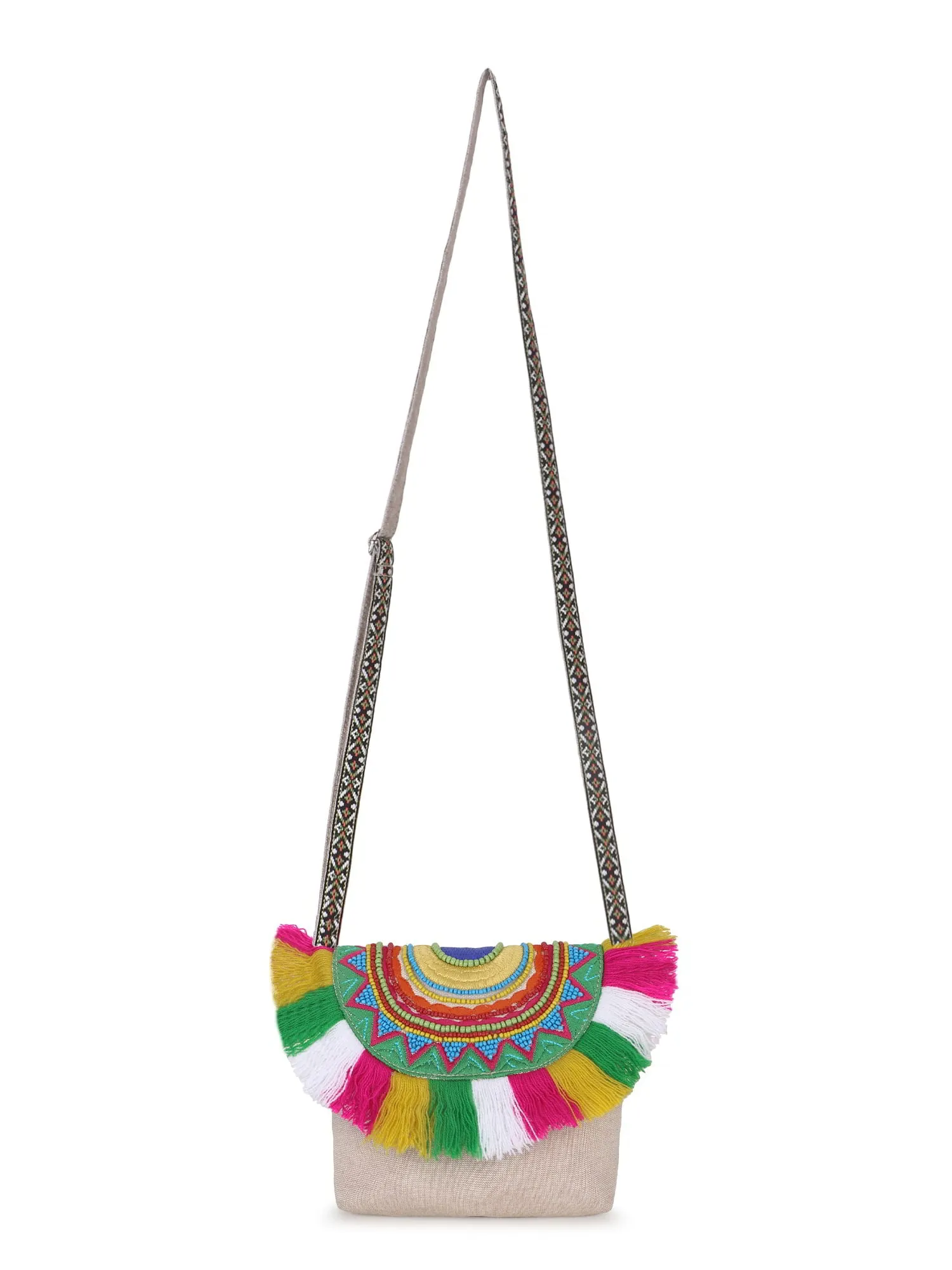 Boho Cotton Canvas Ethnic Motifs Embellished Sling Bag