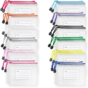 BOPART 24pcs Small Mesh Zipper Pouch 6.3x4.9 Inches Waterproof Zip Mesh Bags with Label Pocket for School Office Supplies & Cosmetics Travel Accessories