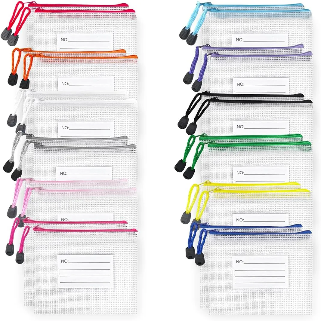 BOPART 24pcs Small Mesh Zipper Pouch 6.3x4.9 Inches Waterproof Zip Mesh Bags with Label Pocket for School Office Supplies & Cosmetics Travel Accessories