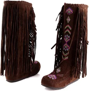BORAMAX Women's Fringe Western Boots, Suede Embroidered Closure Fringe Mid Calf Knee High Flat Boots Long Snow Tassel Boots