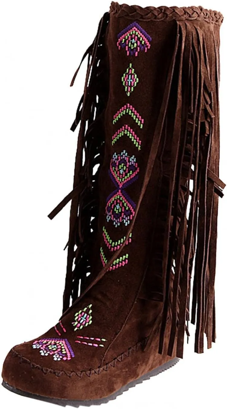 BORAMAX Women's Fringe Western Boots, Suede Embroidered Closure Fringe Mid Calf Knee High Flat Boots Long Snow Tassel Boots