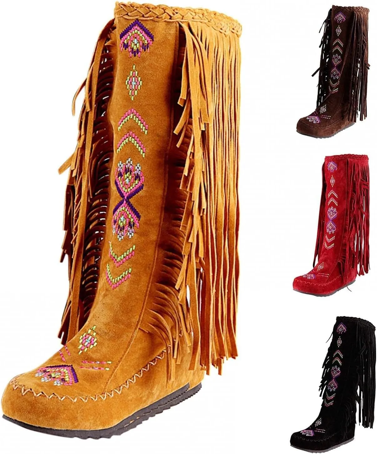 BORAMAX Women's Fringe Western Boots, Suede Embroidered Closure Fringe Mid Calf Knee High Flat Boots Long Snow Tassel Boots