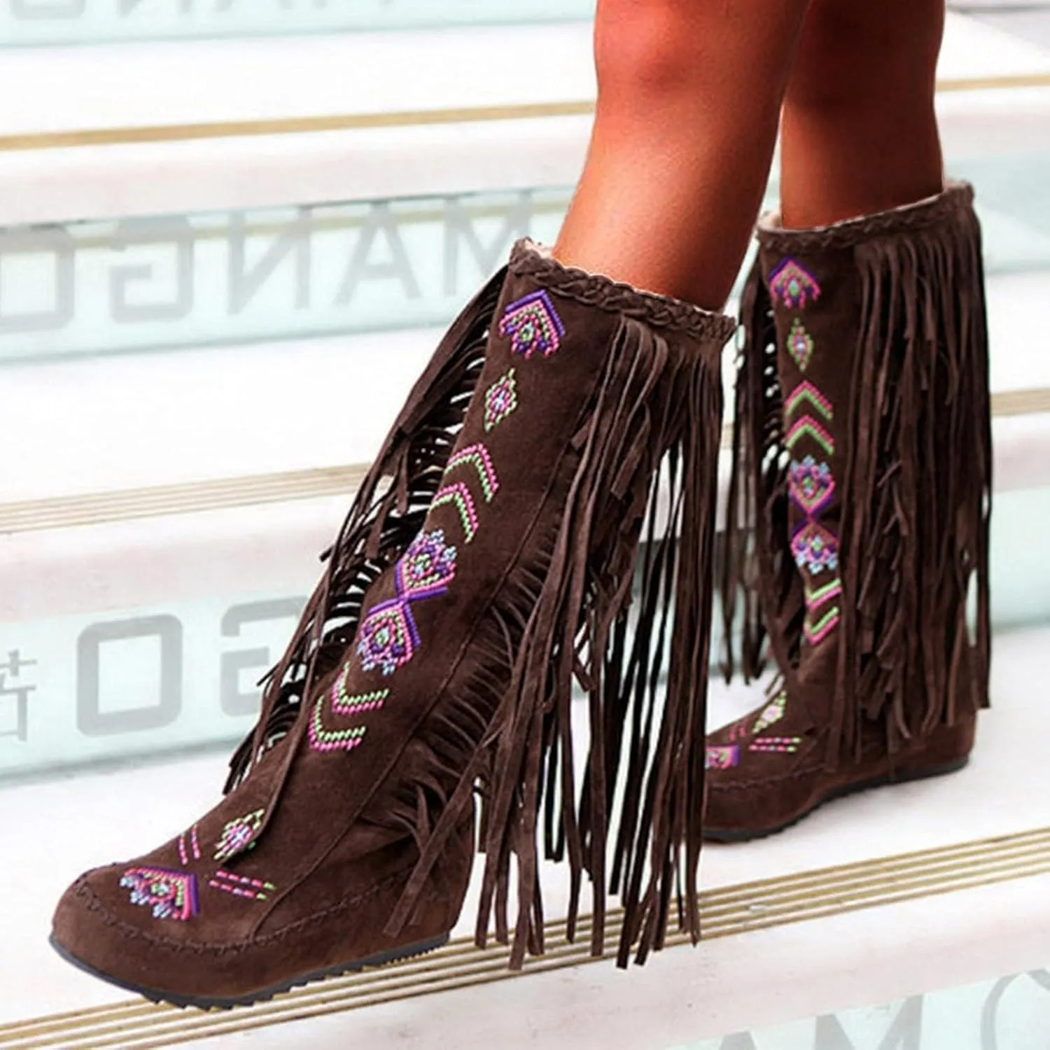 BORAMAX Women's Fringe Western Boots, Suede Embroidered Closure Fringe Mid Calf Knee High Flat Boots Long Snow Tassel Boots