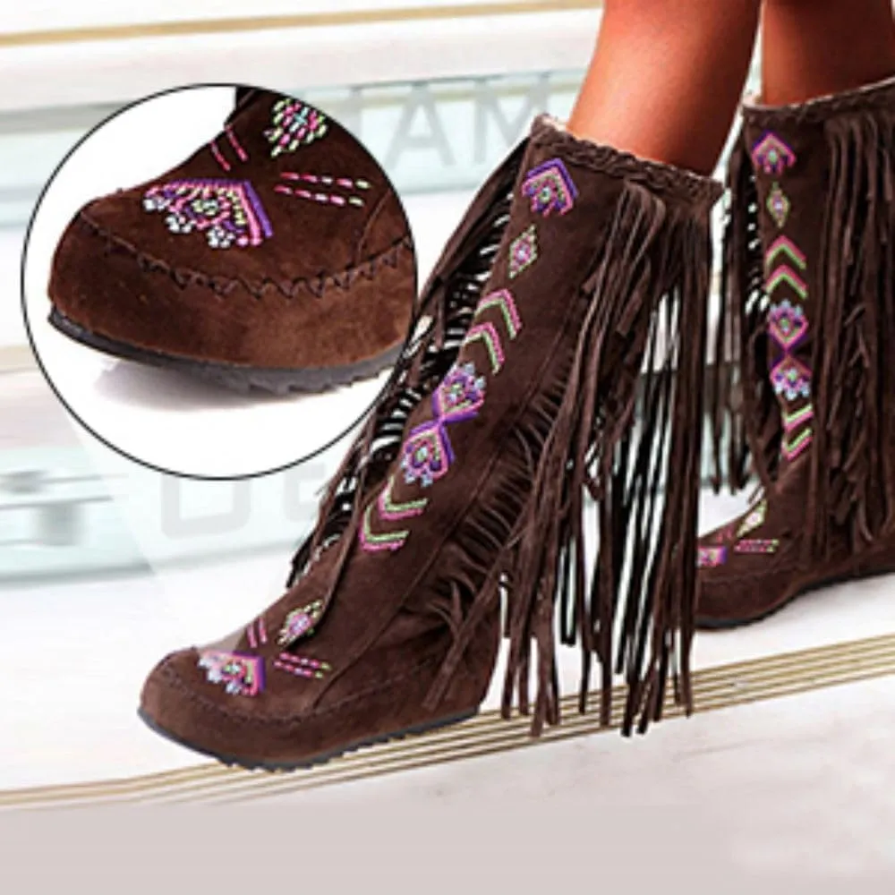 BORAMAX Women's Fringe Western Boots, Suede Embroidered Closure Fringe Mid Calf Knee High Flat Boots Long Snow Tassel Boots