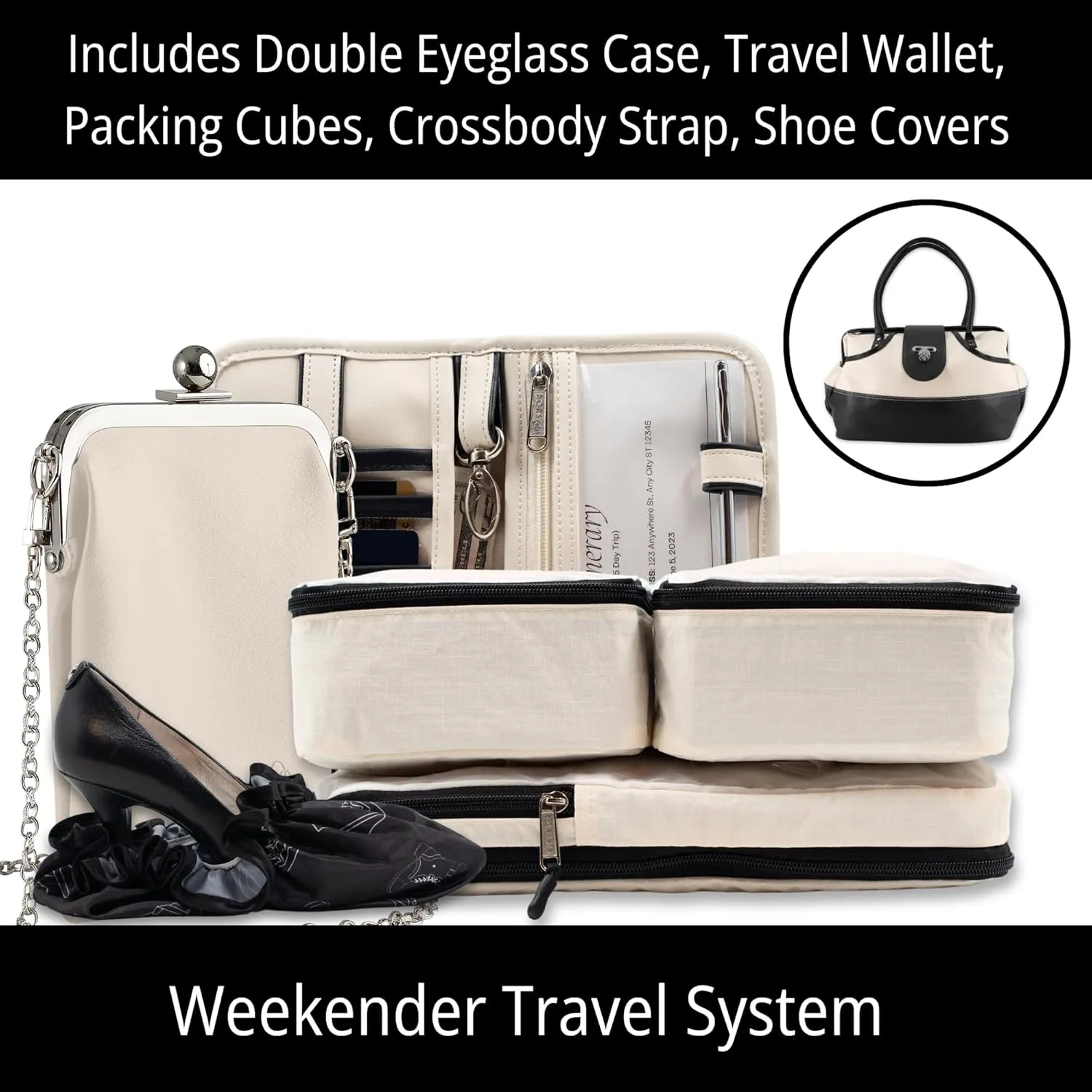 BORSALI Weekender Duffel Bag for Women with Packing Cubes, Travel Wallet, Shoe Covers, Sunglass Case Vegan Leather- Cream Bag & Cream Sunglass Case with Removable Crossbody Chain