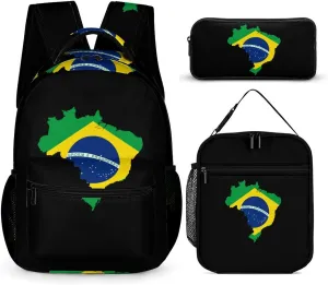 Brazil Flag Map Cute Backpack Set with Lunch Bag and Pencil Case Lightweight Bags Sets
