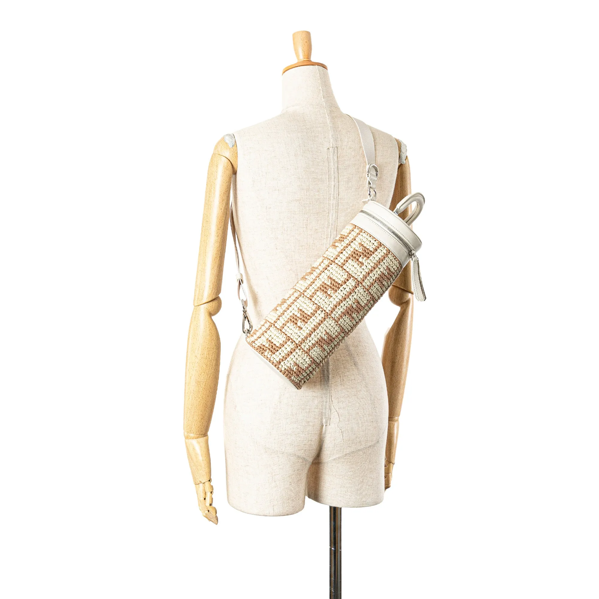 Brown Fendi Zucca Leather and Straw Bottle Holder Sling Bag