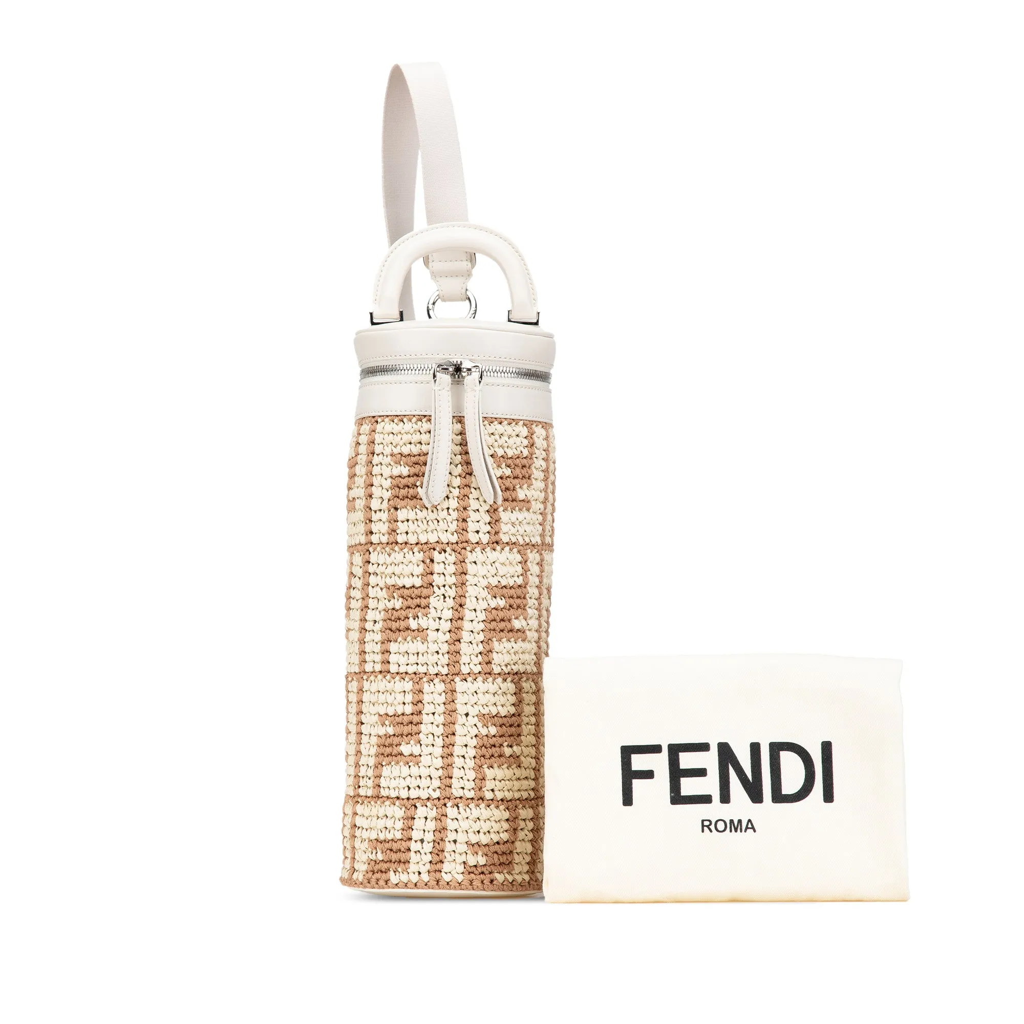 Brown Fendi Zucca Leather and Straw Bottle Holder Sling Bag