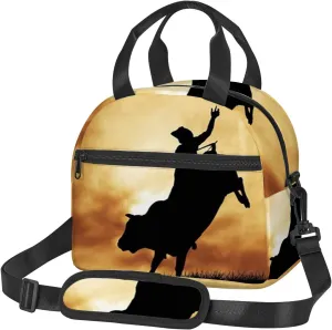 Bull Rider,Insulated Reusable Lunch Bag with Adjustable Shoulder Strap for Adults,Bull Rider At Sunset Dramatic,Leakproof Office Picnic Hiking Beach Tote Bag,Black Orange,9x5x7.8in