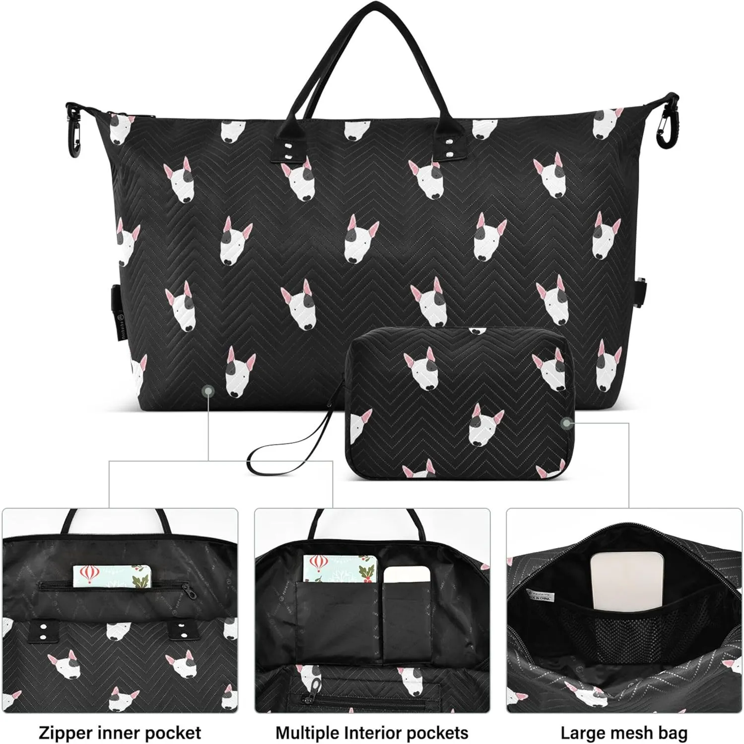 Bull Terrier Dog Black Travel Duffle Women Makeup Pouch Set, Art Sports Duffle Bag Weekend Bag Duffel