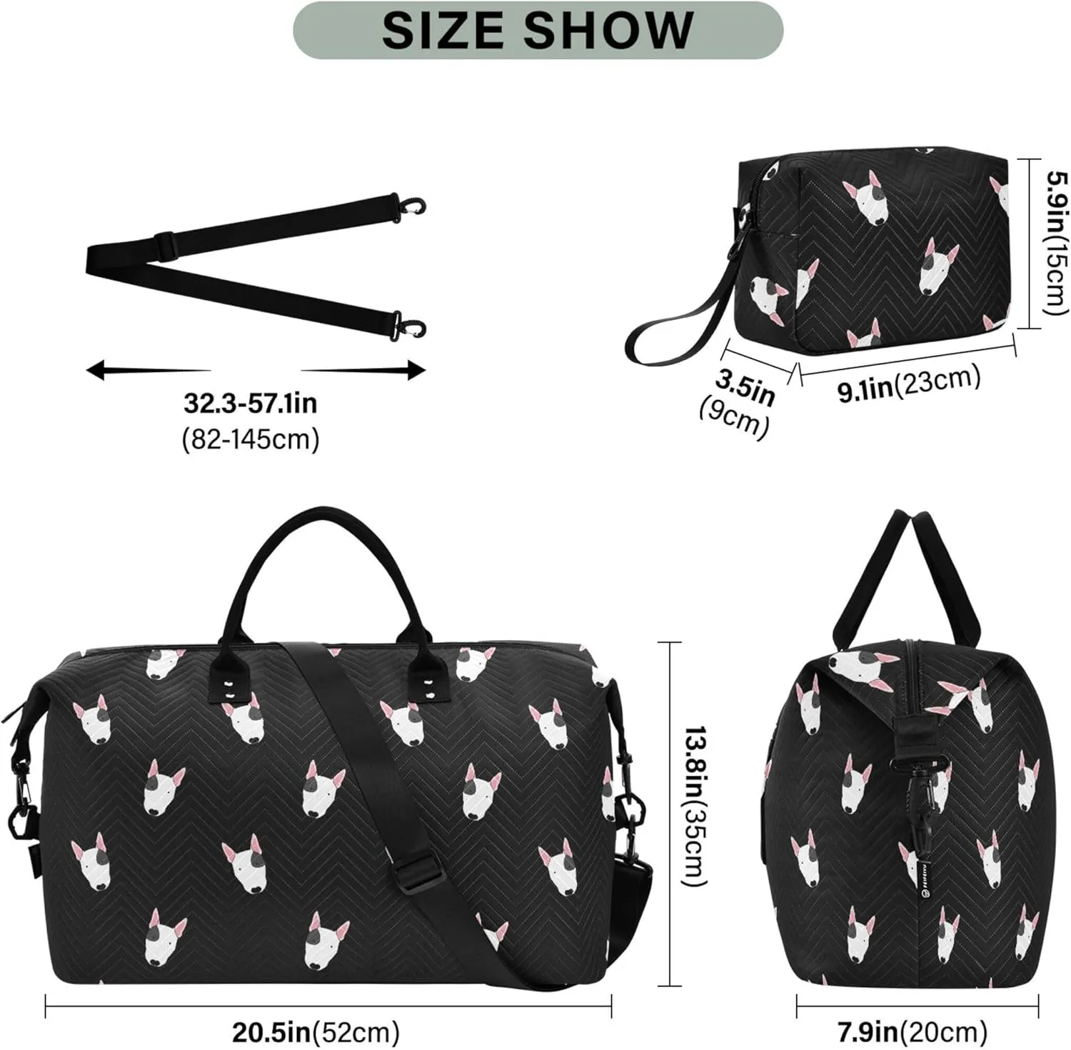 Bull Terrier Dog Black Travel Duffle Women Makeup Pouch Set, Art Sports Duffle Bag Weekend Bag Duffel