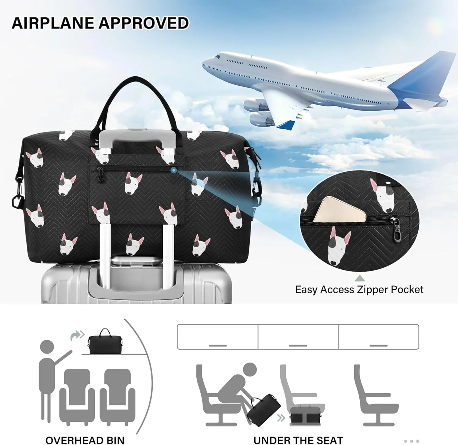 Bull Terrier Dog Black Travel Duffle Women Makeup Pouch Set, Art Sports Duffle Bag Weekend Bag Duffel