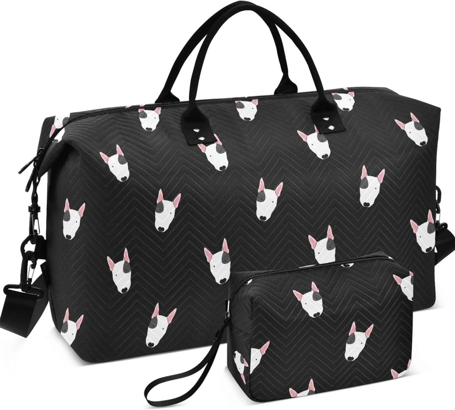 Bull Terrier Dog Black Travel Duffle Women Makeup Pouch Set, Art Sports Duffle Bag Weekend Bag Duffel