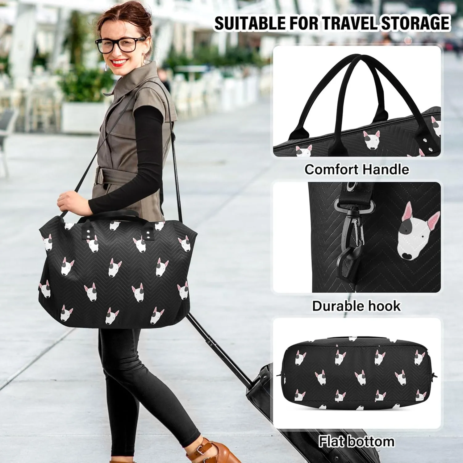 Bull Terrier Dog Black Travel Duffle Women Makeup Pouch Set, Art Sports Duffle Bag Weekend Bag Duffel
