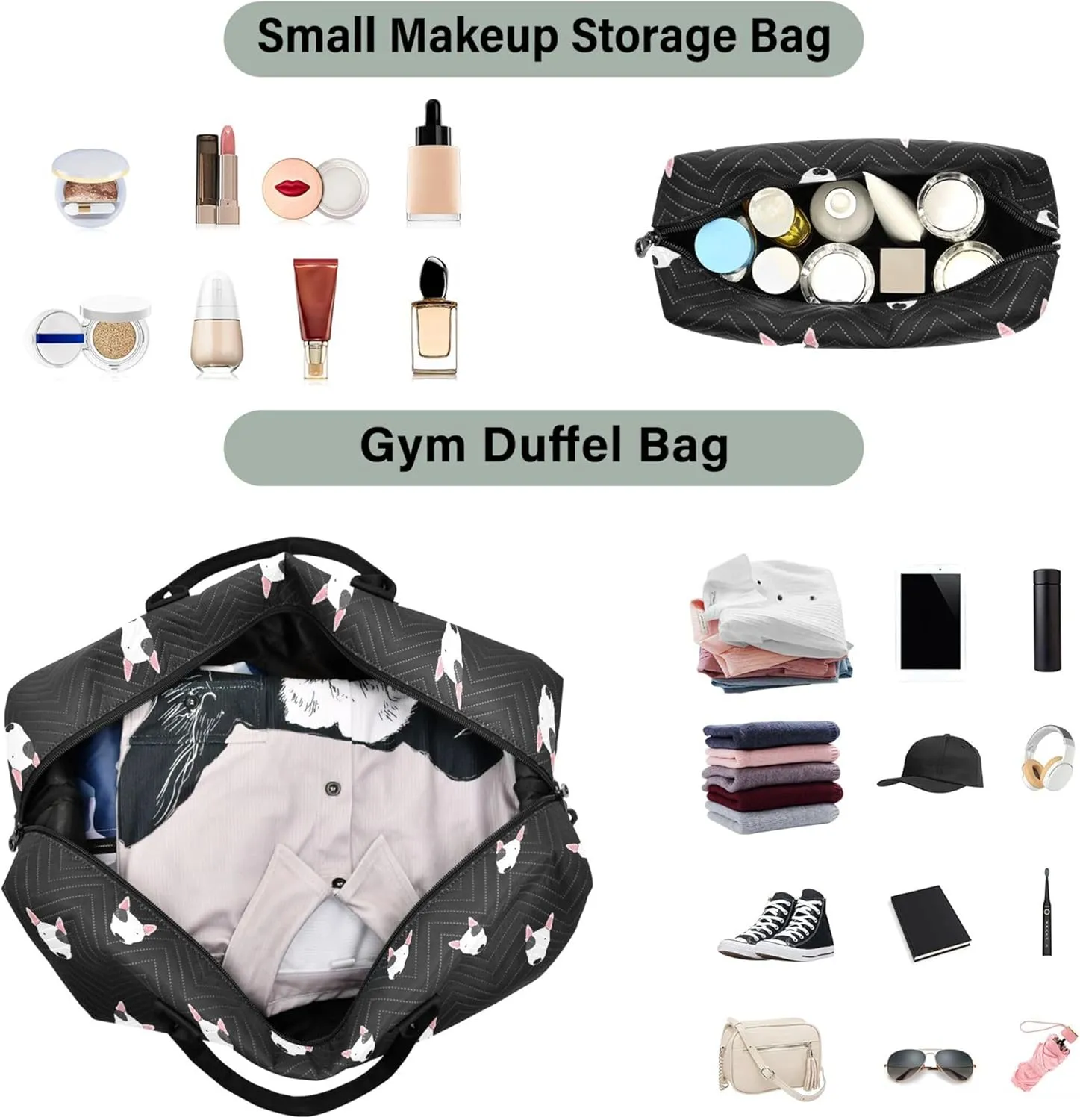 Bull Terrier Dog Black Travel Duffle Women Makeup Pouch Set, Art Sports Duffle Bag Weekend Bag Duffel