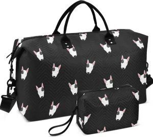 Bull Terrier Dog Black Travel Duffle Women Makeup Pouch Set, Art Sports Duffle Bag Weekend Bag Duffel