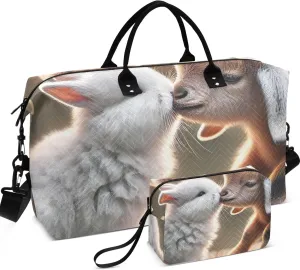 Bunny Goat Kissing Animals Duffle Bag Travel Make up Bags Set of 2, Colorful Gym Bags Tote Traveling Bag