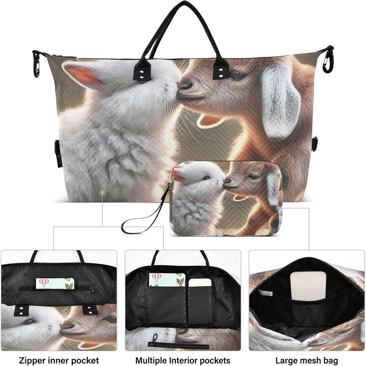 Bunny Goat Kissing Animals Duffle Bag Travel Make up Bags Set of 2, Colorful Gym Bags Tote Traveling Bag