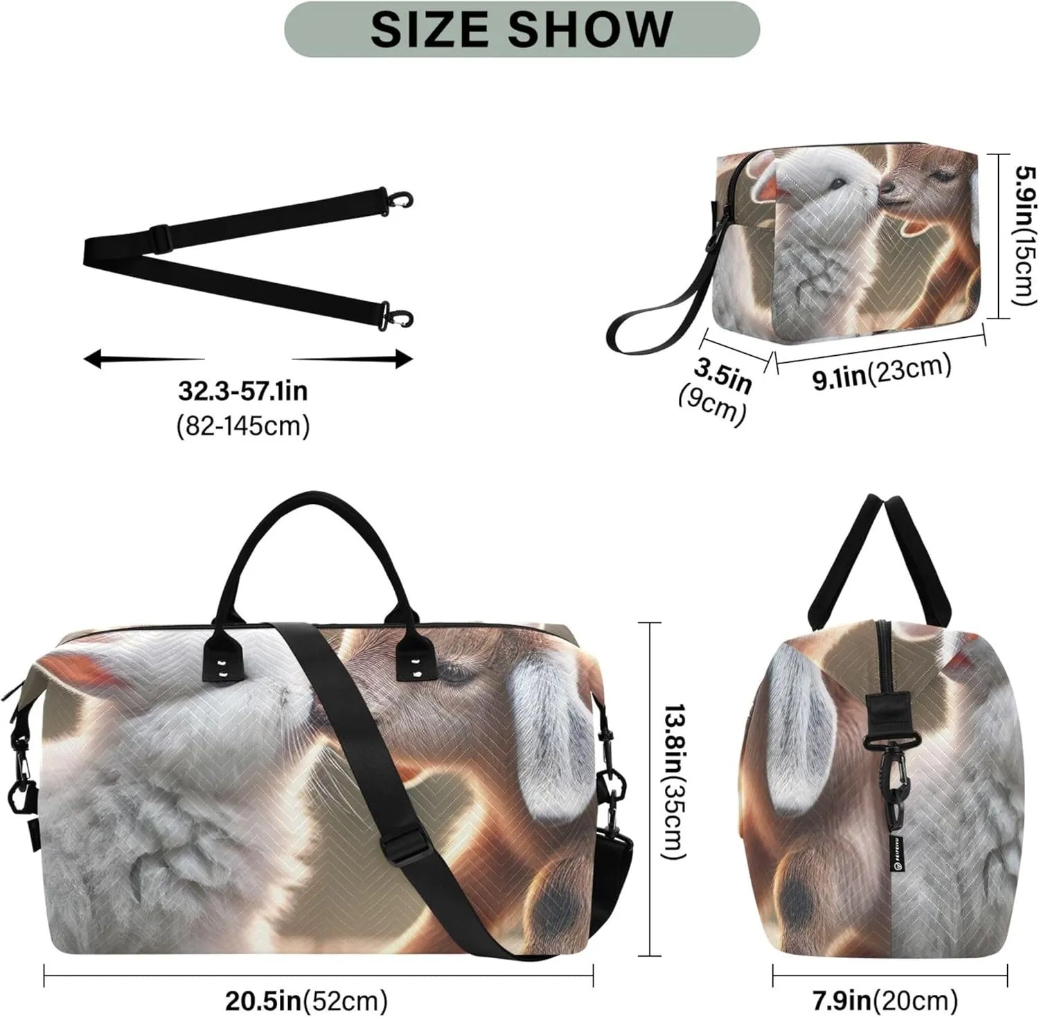 Bunny Goat Kissing Animals Duffle Bag Travel Make up Bags Set of 2, Colorful Gym Bags Tote Traveling Bag