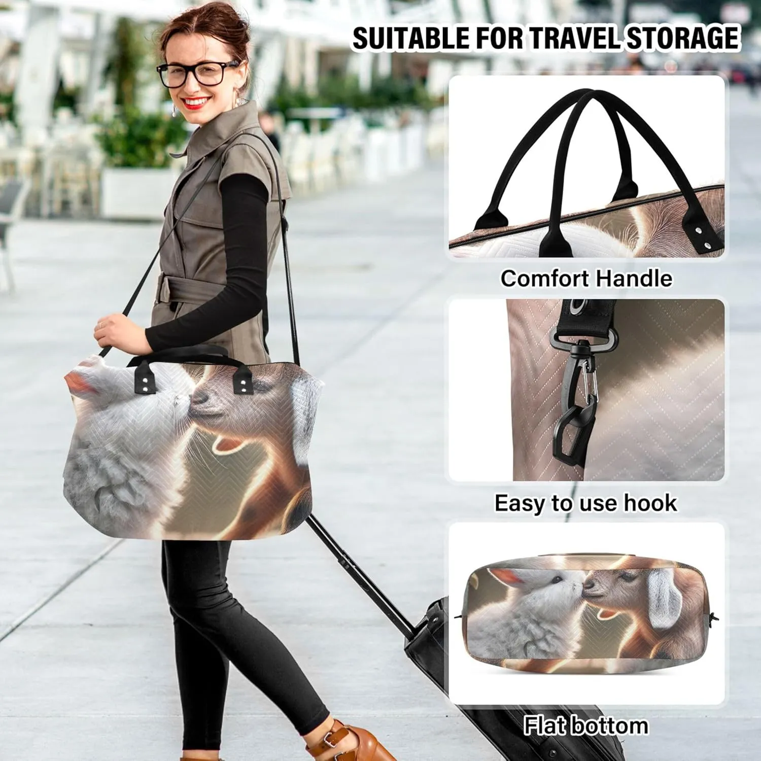 Bunny Goat Kissing Animals Duffle Bag Travel Make up Bags Set of 2, Colorful Gym Bags Tote Traveling Bag