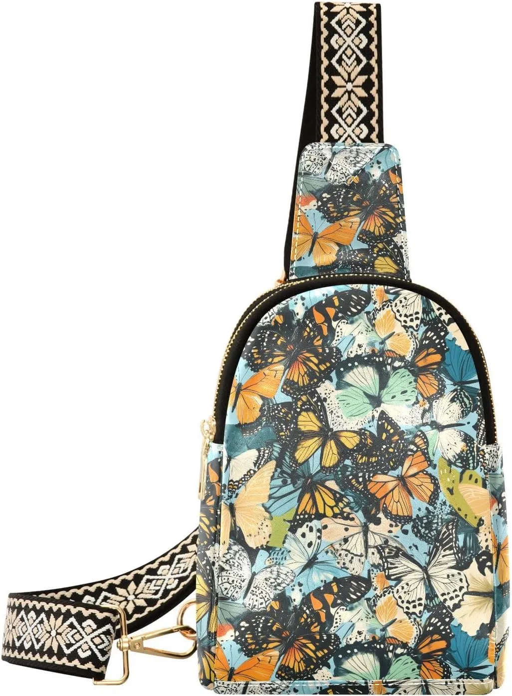 Butterfly Color Mini Crossbody Bag with Full-Print PU Leather Fashion Waist Pack with Adjustable Strap & Card Holder Great for Hiking Fishing Beach Travel & More