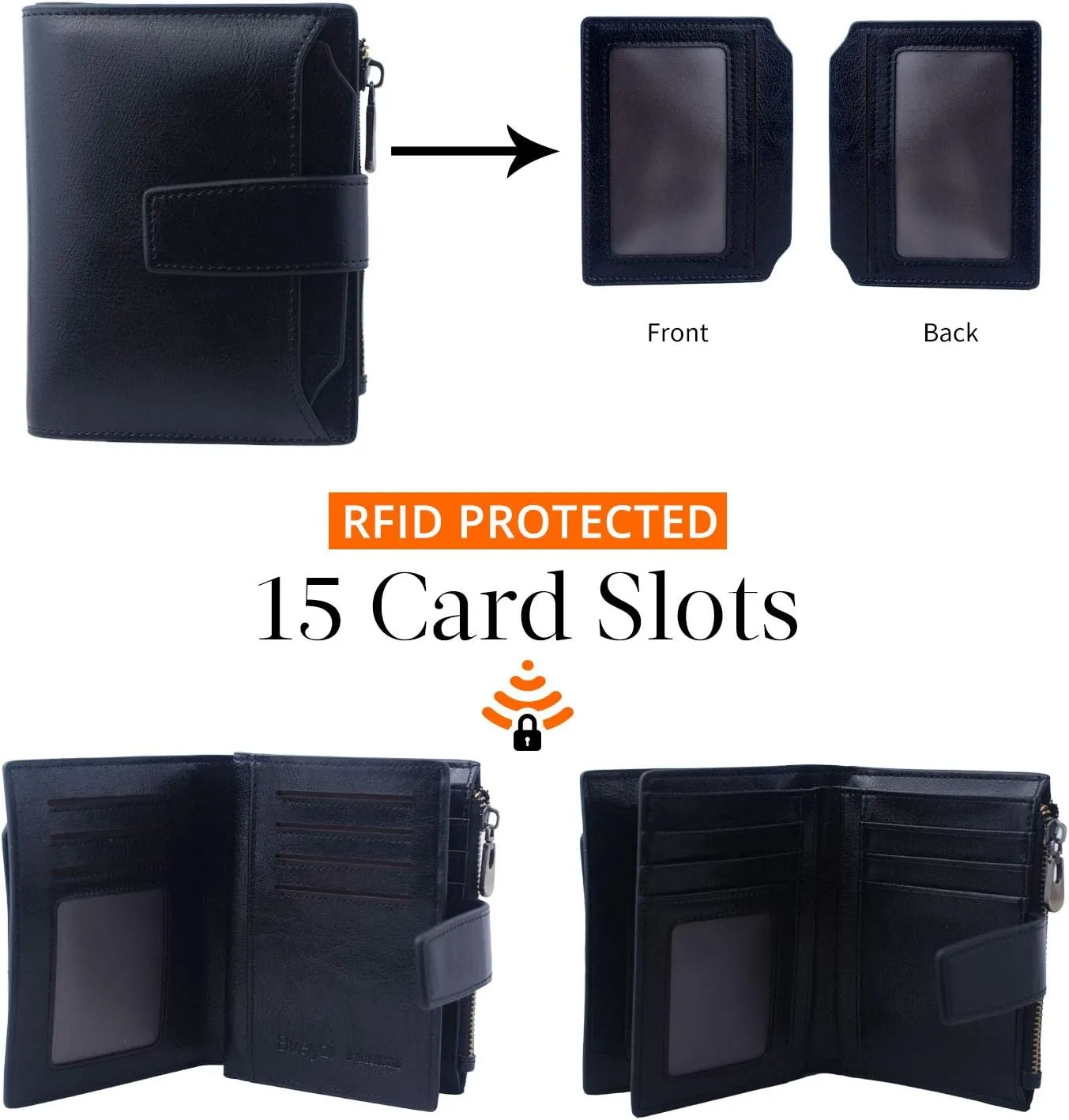 Bveyzi Women's Small Leather RFID Blocking Bifold Zipper Pocket Wallet Ladies Credit Card Slots Purse with id Window