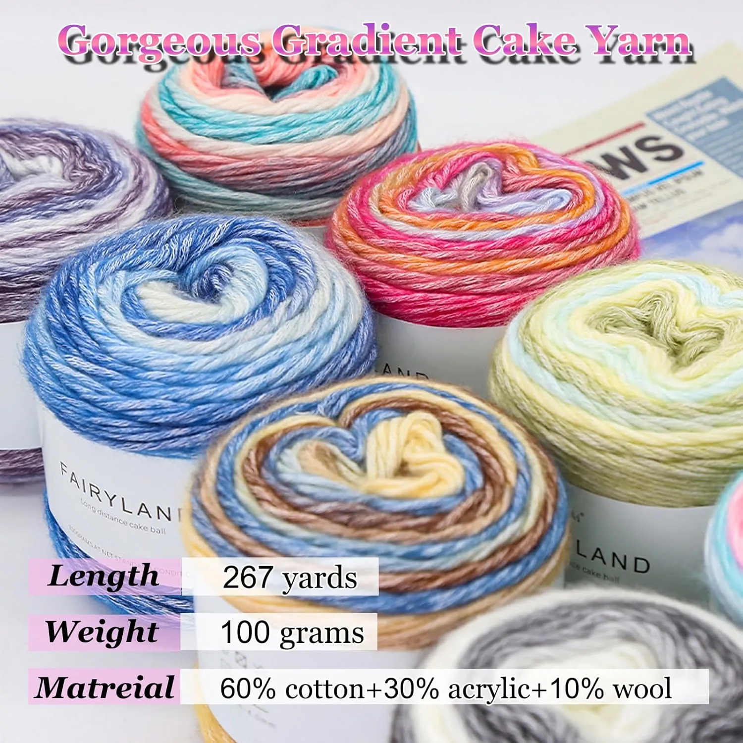 Cake Yarn for Crocheting,Colorful Crochet Yarn 3x100g 60% Cotton 30% Acrylic 10% Wool,Soft Fluffy Gradient Ombré Cotton Yarn for Crocheting Sweater,Blanket,Glove