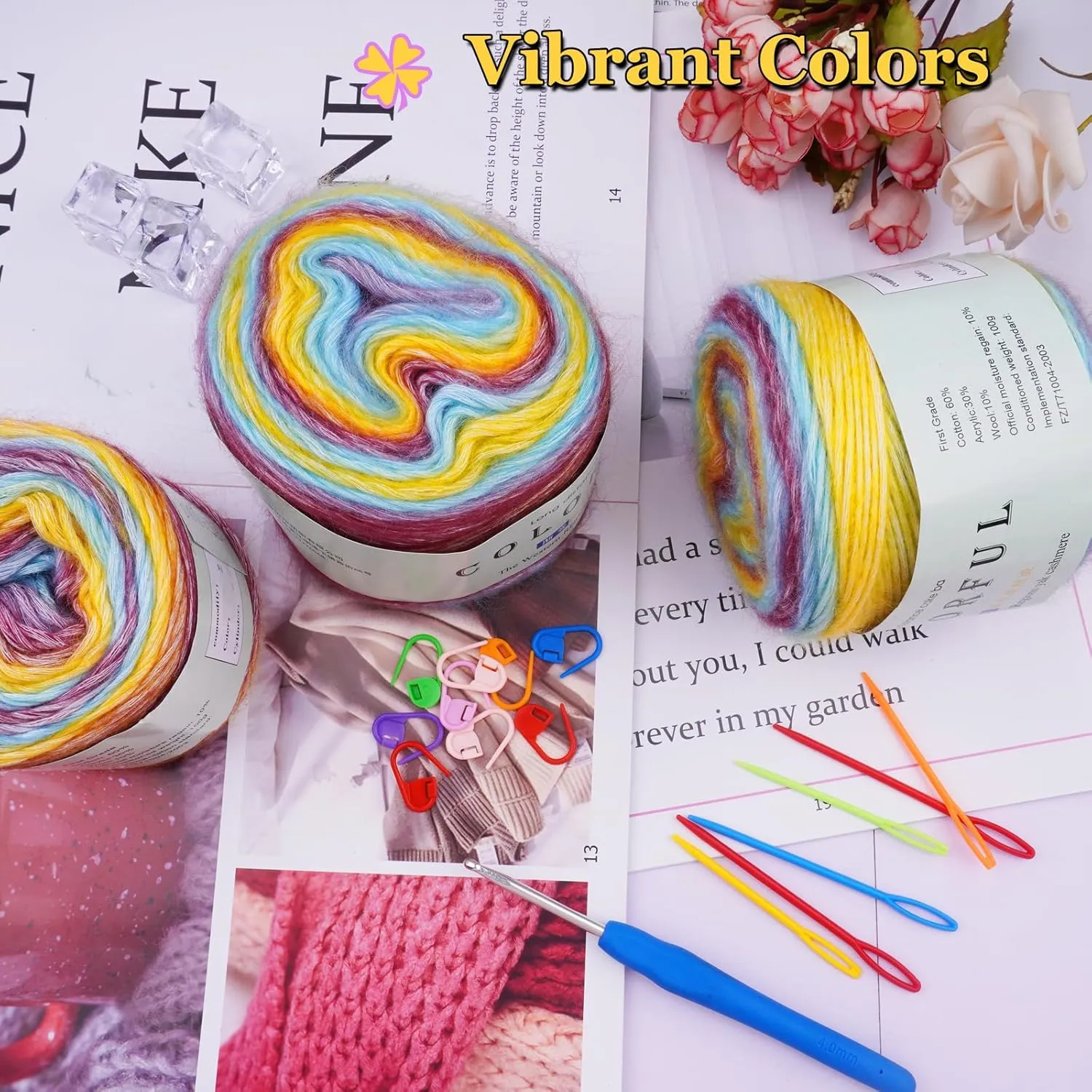 Cake Yarn for Crocheting,Colorful Crochet Yarn 3x100g 60% Cotton 30% Acrylic 10% Wool,Soft Fluffy Gradient Ombré Cotton Yarn for Crocheting Sweater,Blanket,Glove
