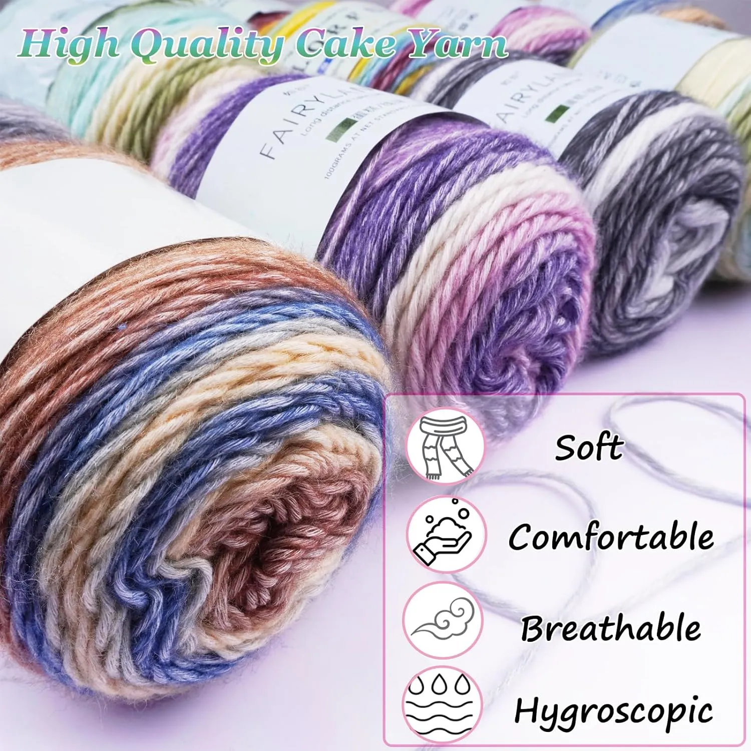 Cake Yarn for Crocheting,Colorful Crochet Yarn 3x100g 60% Cotton 30% Acrylic 10% Wool,Soft Fluffy Gradient Ombré Cotton Yarn for Crocheting Sweater,Blanket,Glove