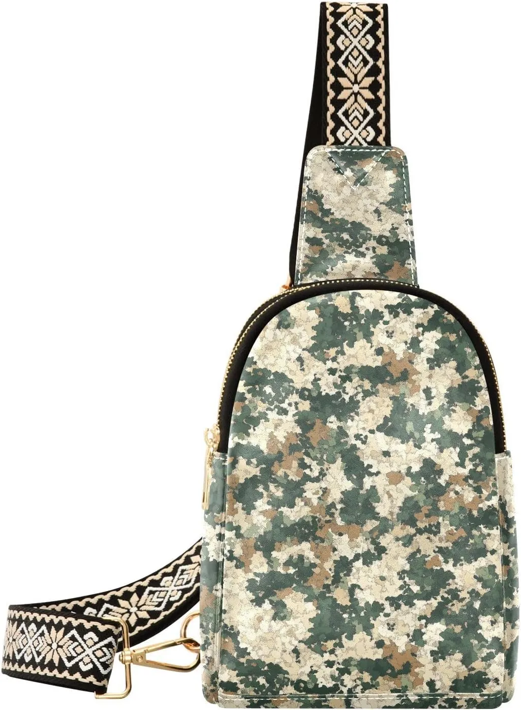 Camouflage Green Mini Crossbody Bag with Full-Print PU Leather Fashion Waist Pack with Adjustable Strap & Card Holder Great for Hiking Fishing Beach Travel & More