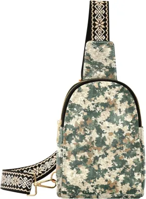 Camouflage Green Mini Crossbody Bag with Full-Print PU Leather Fashion Waist Pack with Adjustable Strap & Card Holder Great for Hiking Fishing Beach Travel & More