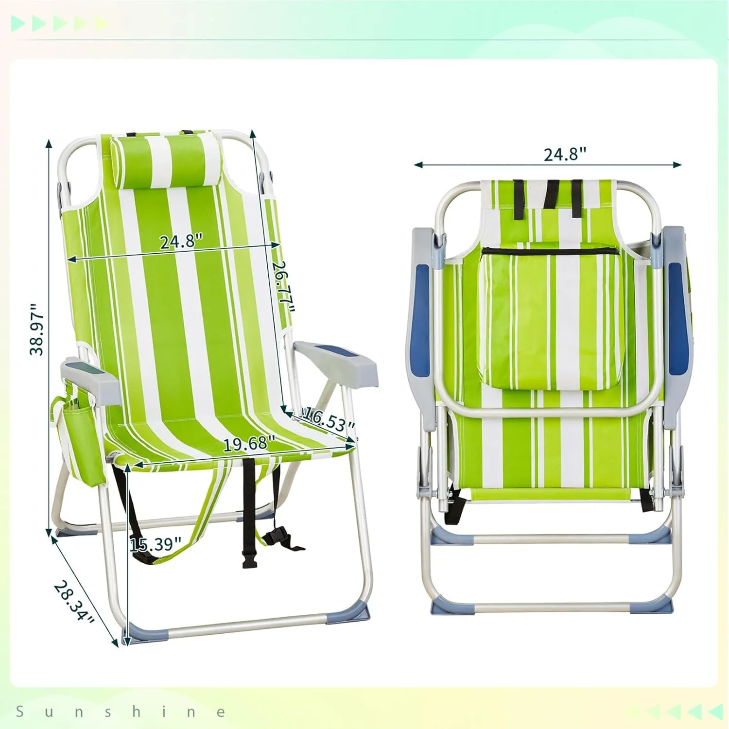 Camping Chairs for Adults,Folding Beach Chair Portable Collapsible Backpacking Chair Outdoor Lawn Chair w/Headrest and Armrests,Compact Reclining for Camp,Hiking,Travel,Supports 220lbs,Green Stripes