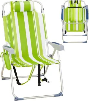 Camping Chairs for Adults,Folding Beach Chair Portable Collapsible Backpacking Chair Outdoor Lawn Chair w/Headrest and Armrests,Compact Reclining for Camp,Hiking,Travel,Supports 220lbs,Green Stripes