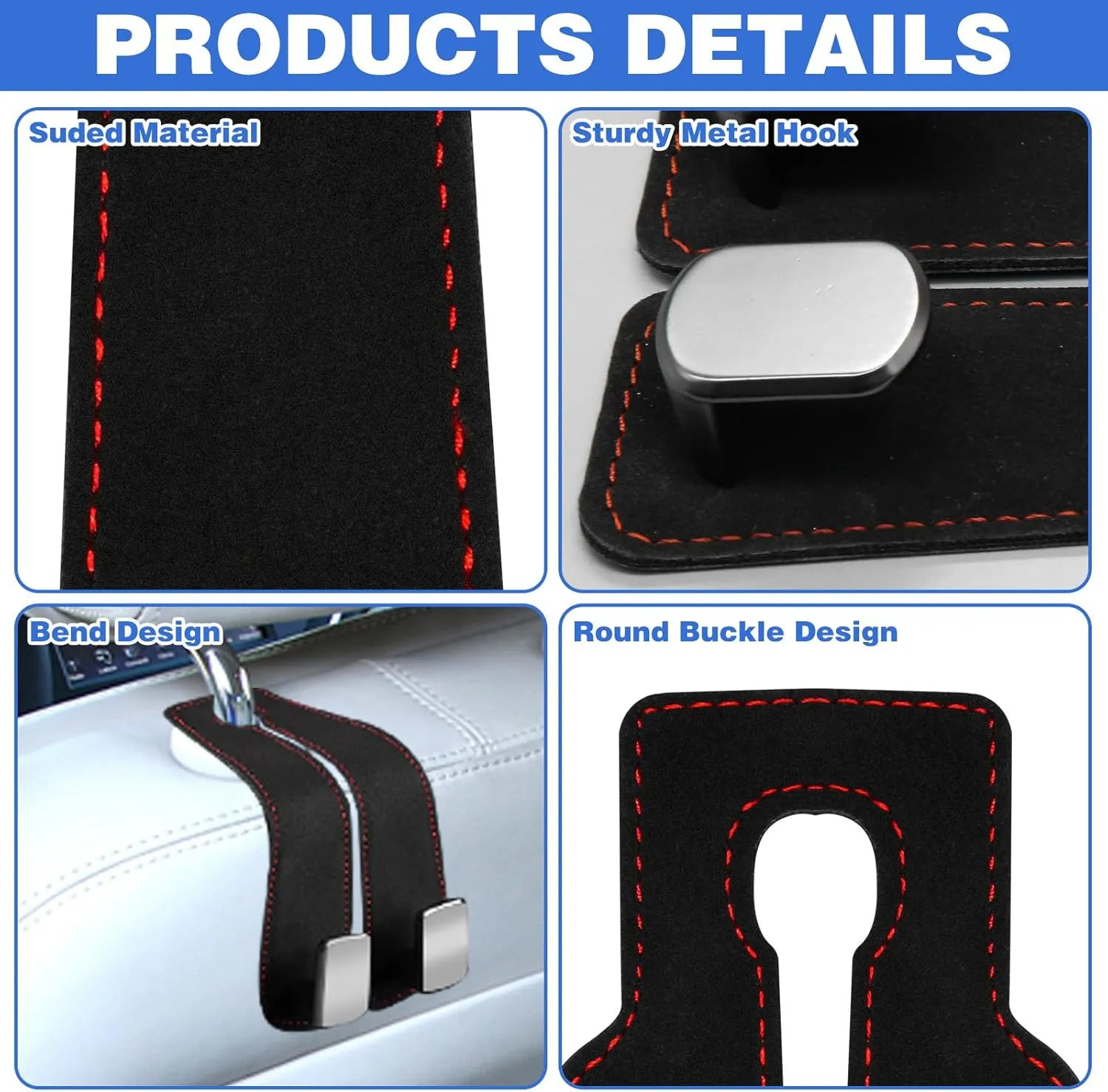 CANIPHA 4Pcs Car Seat Hooks for Headrest, Double Hook Purse Hook for Car Applies to Purse Hanger for Car Headrest Hook Car Purse Hook, Storage Headrest Hooks for Car Purse Holder for Car Tool(Black)