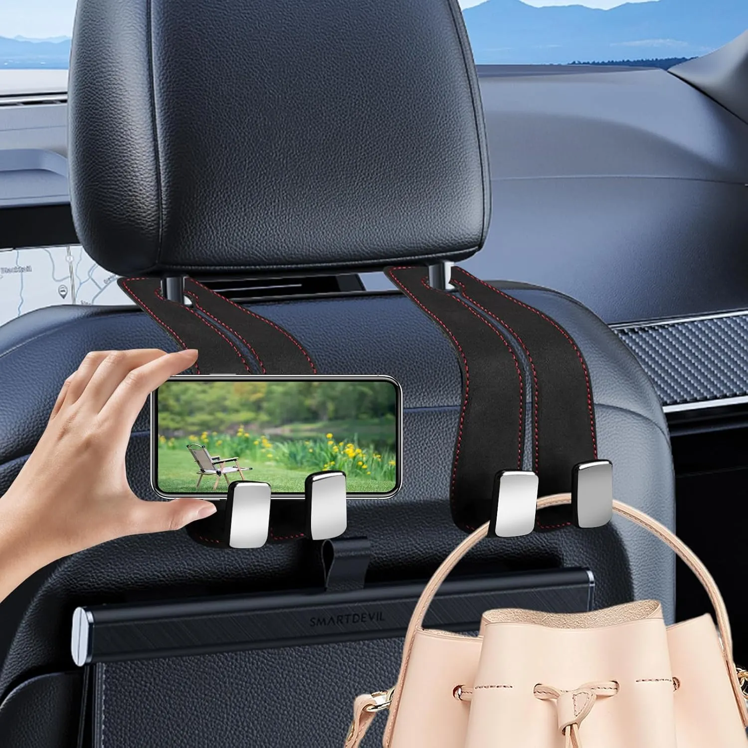 CANIPHA 4Pcs Car Seat Hooks for Headrest, Double Hook Purse Hook for Car Applies to Purse Hanger for Car Headrest Hook Car Purse Hook, Storage Headrest Hooks for Car Purse Holder for Car Tool(Black)