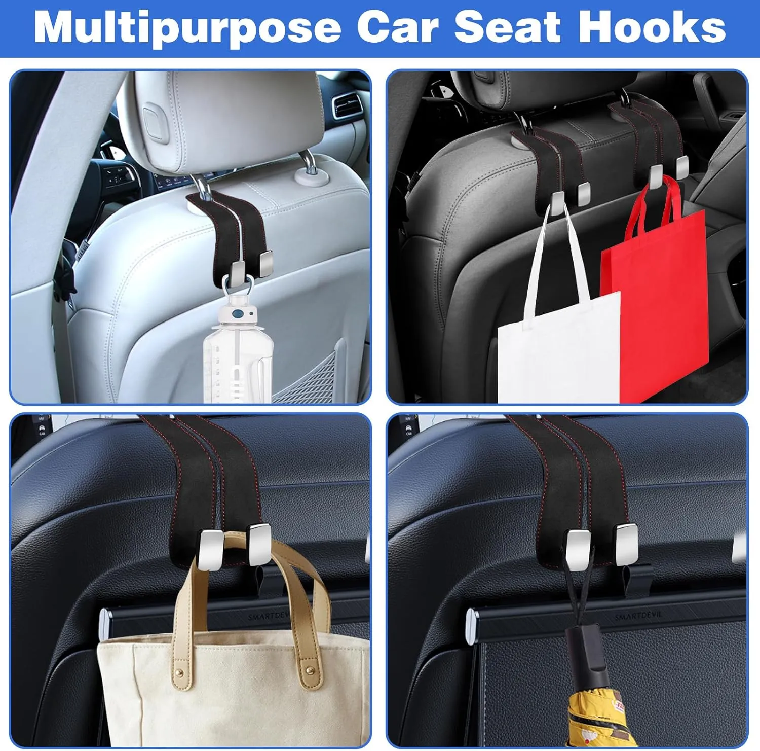 CANIPHA 4Pcs Car Seat Hooks for Headrest, Double Hook Purse Hook for Car Applies to Purse Hanger for Car Headrest Hook Car Purse Hook, Storage Headrest Hooks for Car Purse Holder for Car Tool(Black)