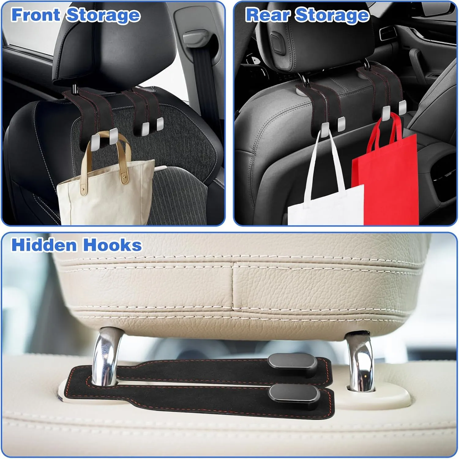 CANIPHA 4Pcs Car Seat Hooks for Headrest, Double Hook Purse Hook for Car Applies to Purse Hanger for Car Headrest Hook Car Purse Hook, Storage Headrest Hooks for Car Purse Holder for Car Tool(Black)
