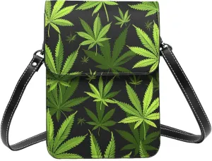 cannabis leaves Weed Marijuana leaf green black Leather Small Crossbody Bags for Women Cell Phone Bag Wallet Purses with Adjustable Strap