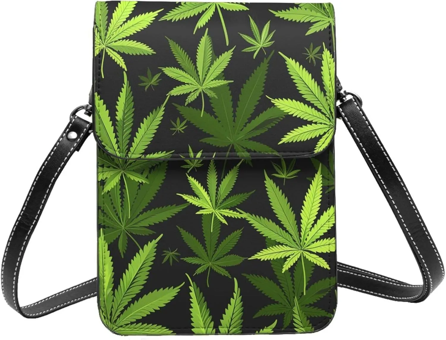 cannabis leaves Weed Marijuana leaf green black Leather Small Crossbody Bags for Women Cell Phone Bag Wallet Purses with Adjustable Strap