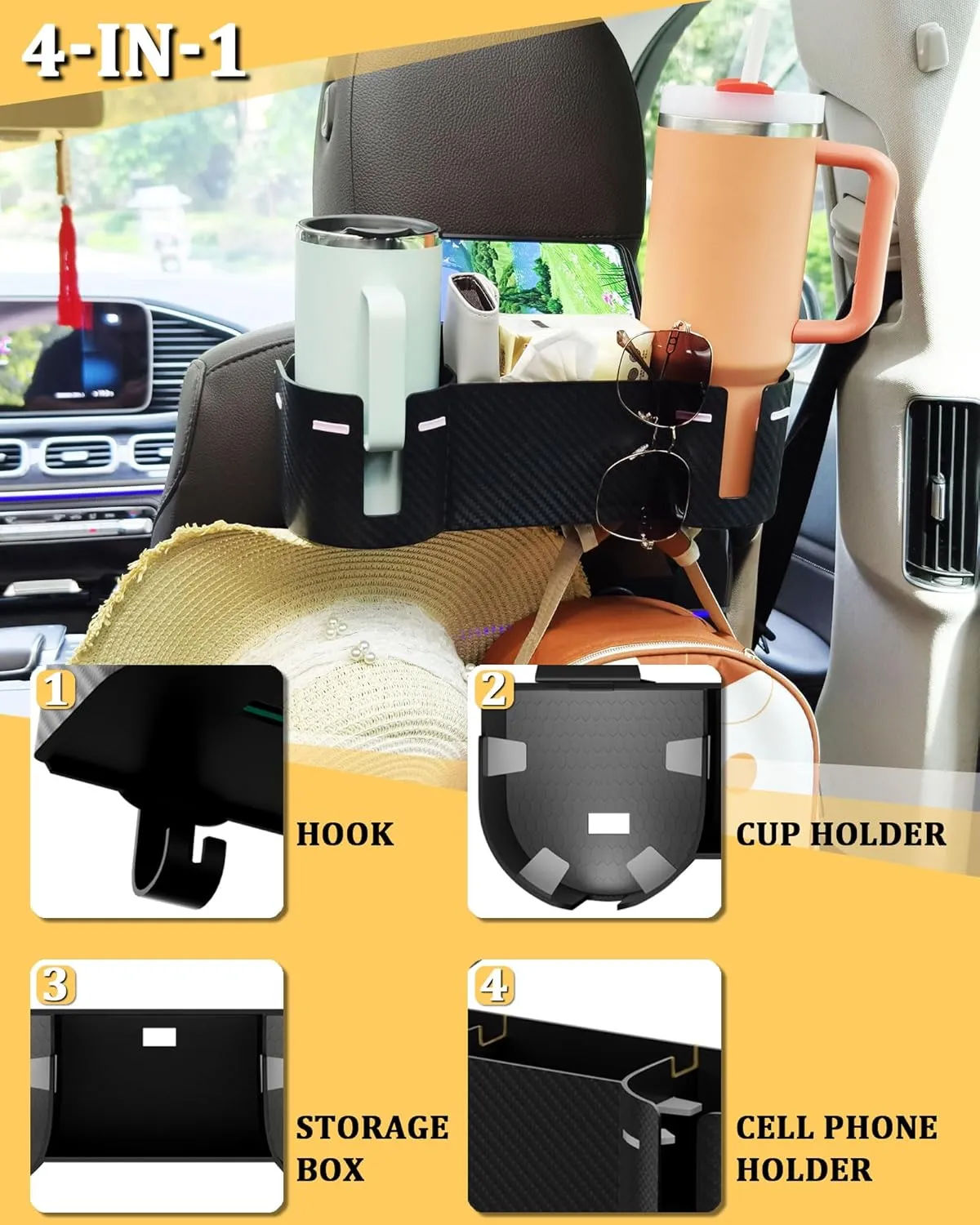 Car Headrest Backseat Cup Holder 3.7" with Organizer, High Capacity 4 in 1 Seat Back Organizer with Headrest Hooks, Multifunctional Storage for Car Travel Accessories Compatible with Most Vehicles