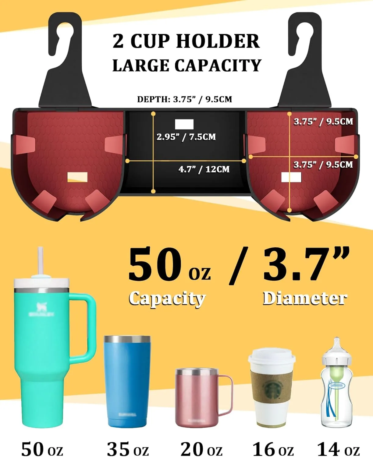 Car Headrest Backseat Cup Holder 3.7" with Organizer, High Capacity 4 in 1 Seat Back Organizer with Headrest Hooks, Multifunctional Storage for Car Travel Accessories Compatible with Most Vehicles