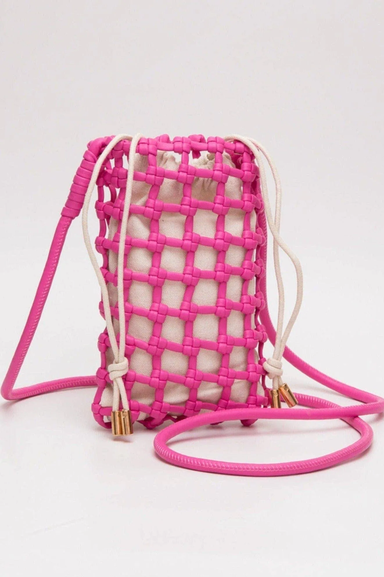 Cara Mini Woven Drawstring Crossbody Bag Fuchsia